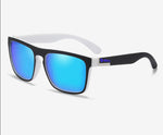 black and white frame sky blue lens sunglasses